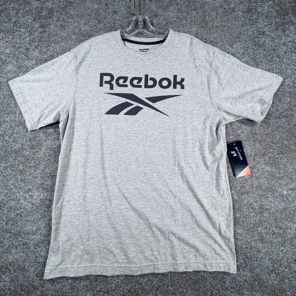 Reebok T Shirt Mens Large‎ Gray Short Sleeve Big Logo Everyday Wear Crewneck